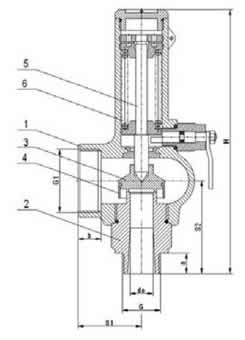 Чертеж клапана предохранительного сборного тип  775-I пружинного, углового, резьбового.
