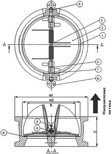 Чертеж Обратный клапан ABRA-D-122-EN Ду50 Ру16 двустворчатый межфланцевый