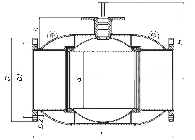 Эскиз размеров кранов шаровых ALSO КШ.Ф.Р-01 Ду15-300 Ру16/40 стандартнопроходных, фланцевых