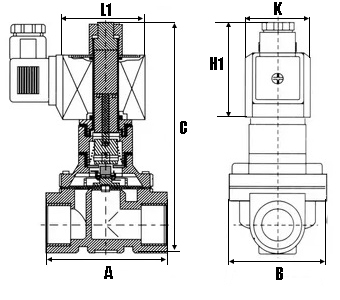 Клапан электромагнитный соленоидный двухходовой DN.ru-DHD31-NO пилотного действия (НО) Ду10-13 (3/8 дюйм), Ру13 резьба G, корпус - латунь, уплотнение - NBR, с катушкой 0545A 220В