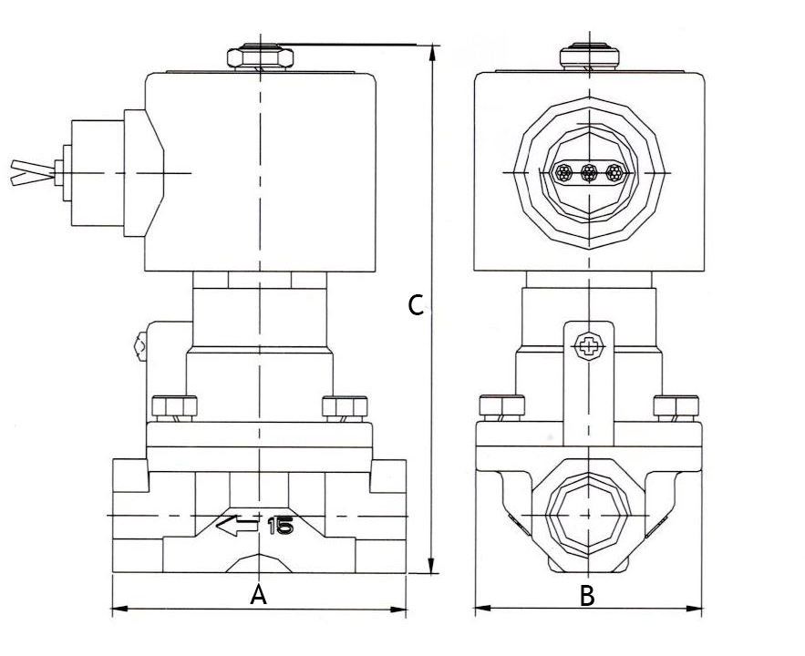 Клапан электромагнитный соленоидный двухходовой поршневый DN.ru-V2W-1000P-NC Ду25 (1 дюйм), Ру0.4-16 корпус - латунь, уплотнение - PTFE, резьба G, с катушкой 220В