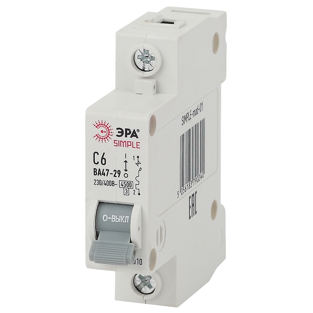 Автоматический выключатель переменного тока однополюсный ЭРА ВА47-29 SIMPLE 1P 6А (C) 4.5kА, тип расцепления C, сила тока 6 А
