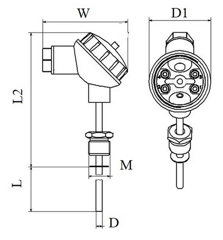 Термопреобразователь сопротивления Прома tsp101-r, платиновый чувствительный элемент, с монтажной гайкой G1/2″, L 60 мм, Pt1000 Ом, класс допуска А, 4 контакта, (-50 °C : +200 °C)