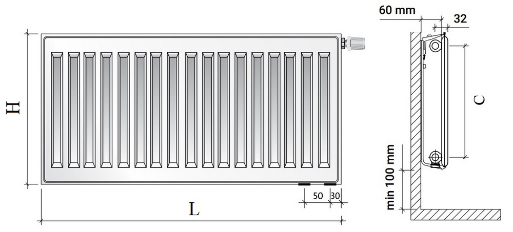 Радиатор панельный Royal Thermo VENTIL HYGIENE VH10 1394кВт настенный, высота - 600 мм, длина 1400 мм, количество панелей - 1, присоединение резьбовое - 1/2″, подключение - нижнее (левое-правое), гигиеническое исполнение, стальной, цвет - белый RAL-9016
