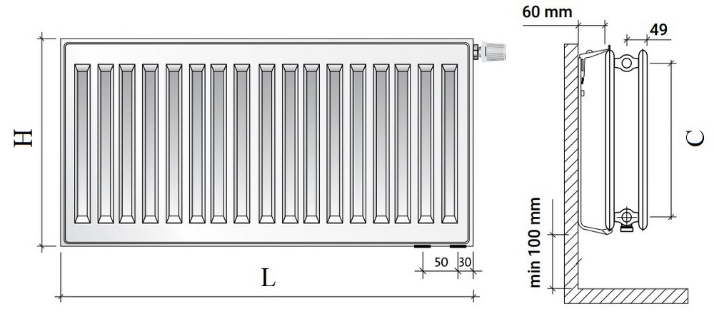 Радиатор панельный Royal Thermo VENTIL HYGIENE VH20 1.610кВт настенный, высота - 300 мм, длина 1700 мм, количество панелей - 2, присоединение резьбовое - 1/2″, подключение - нижнее (левое-правое), гигиеническое исполнение, стальной, цвет - белый RAL-9016