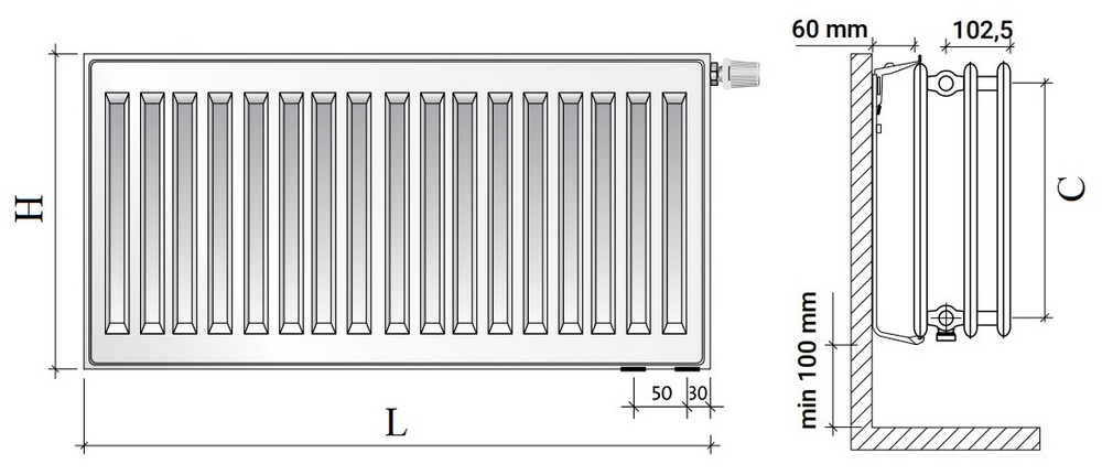 Радиатор панельный Royal Thermo VENTIL HYGIENE VH30 1.011кВт настенный, высота - 200 мм, длина 1100 мм, количество панелей - 3, присоединение резьбовое - 1/2″, подключение - нижнее (левое-правое), гигиеническое исполнение, стальной, цвет - белый RAL-9016