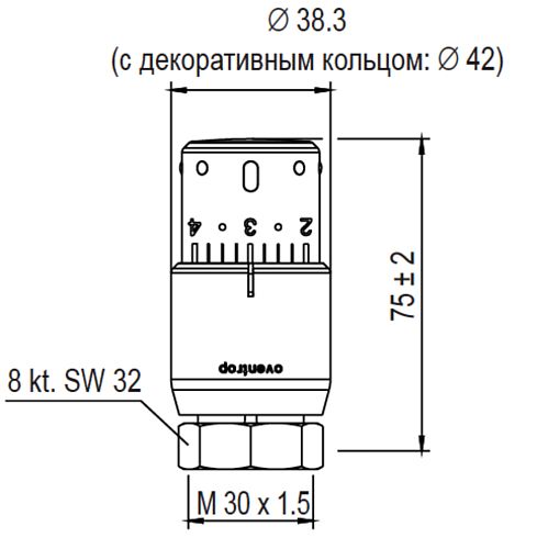 Головка термостатическая Oventrop Uni SH M30x1.5, с жидкостным чувствительным элементом, диапазон настройки 7-28°C, выпуклая отметка для слабовидящих, матовая сталь