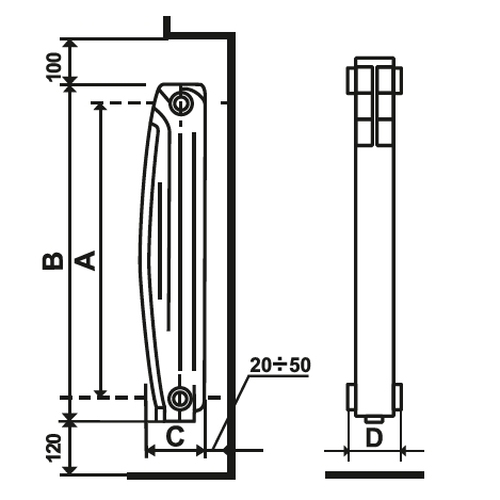 Радиатор биметаллический STI Bimetal GRAND 500/100 4 секции (цвет - белый), боковое подключение