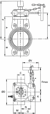 Чертеж Затвор поворотный дисковый Tyco JMA/JMC Ду200 Ру16 межфланцевый с редуктором GG-8 