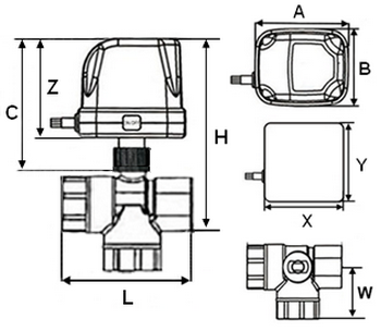 Кран шаровой DN.ru BV0030NP-SP-3T-T-ED Ду20 Ру16, латунный 3-ходовой T-тип стандартнопроходной, муфтовый с электроприводом 220В без концевых выключателей