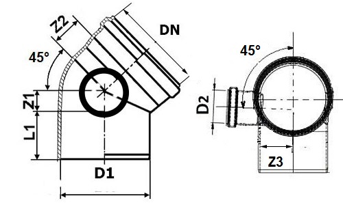Отвод полипропиленовый 45° Дн110x50 с левым выходом Политэк для внутренней канализации