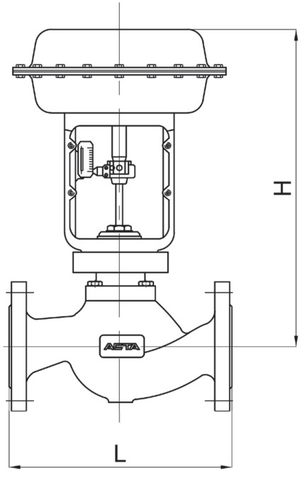 Клапан регулирующий АСТА Р113-CM-1 Ду15 Ру16, фланцевый неразгруженный, корпус – серый чугун, Тmax=220°C, с пневмоприводом ППМ350 (0.8-2.4) и ЭПП111 (4-20 мА)