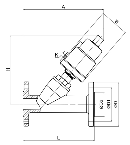 Клапан запорно-регулирующий АСТА Р12П Ду15 Ру16 нормально закрытый, фланцевый, с пластиковым пневмоприводом ППП-50, Kvs=4,2 м3/ч, Т=200°С