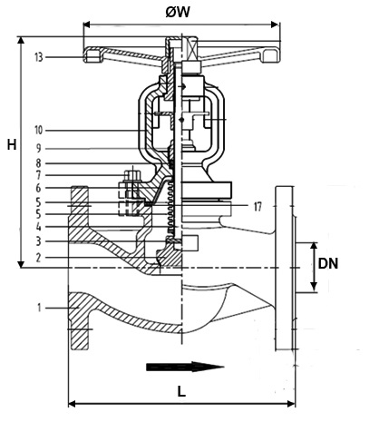 Клапан запорный сильфонный АСТА В343 Ду32 Ру40, нержавеющий, фланцевый, уплотнение - METAL-METAL, Tмакс=350°С