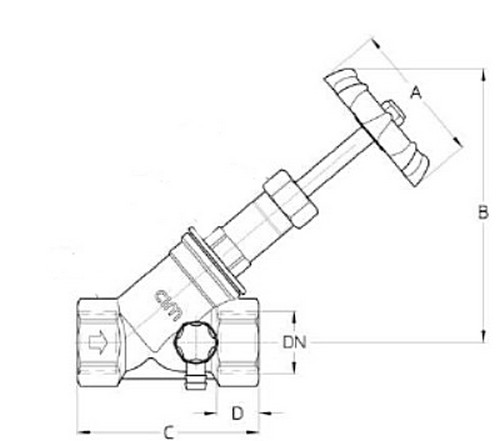 Клапан запорный Cimberio 62CRNL 1 1/4″ Ду32 Ру20 внутренняя резьба, с наклонным штоком, с пружинным обратным клапаном и сливным краном, корпус - латунь CR