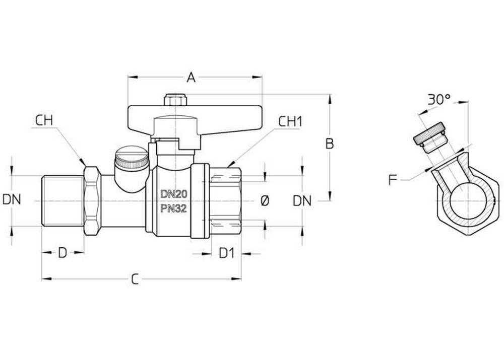 Кран шаровый Cimberio CIM262BL Ду20 Ру32 серии T12, полнопроходной, для второстепенных термомодулей с измерительными штуцерами. корпус - латунь CW602N-M, уплотнение PTFE, присоединение - внутренняя-наружная резьба, управление - ручка бабочка