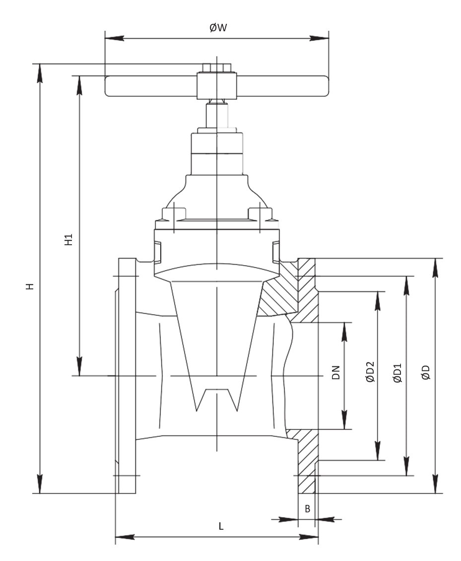 Задвижка клиновая Dendor 47GV.111121.3021.21.40000 Ду125 Ру16 с обрезиненным клином, чугунная, уплотнение - EPDM, фланцевая, со штурвалом и механическим указателем положения