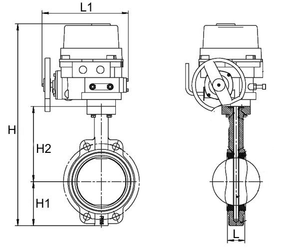 Затвор дисковый поворотный Dendor 017W Ду150 Ру16 межфланцевый, корпус - чугун, диск - нержавеющая сталь, уплотнение - EPDM,с электроприводом неполнооборотным QT 220В