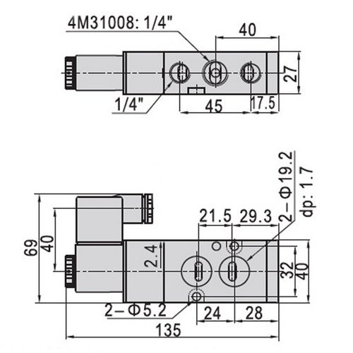 Краны шаровые нержавеющие 3-ходовые T-тип стандартнопроходные DN.ru RP.SS316.200.MM.010(-100)-ISO Ду10-100 Ру63, муфтовые с ISO фланцем с пневмоприводами DN.ru-DA, пневмораспределителем 4M310-08 24В и блоком концевых выключателей APL-210N