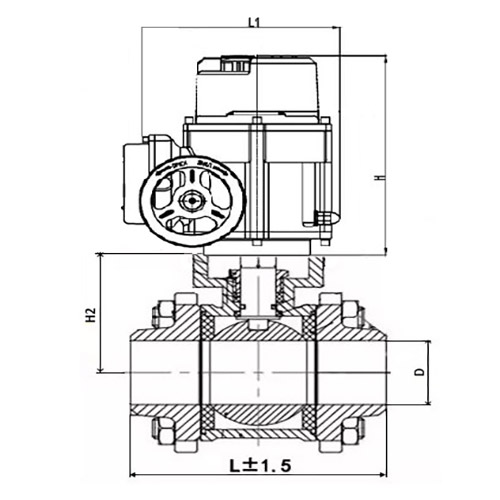 Кран шаровой DN.ru КШПП 316.200-ISO Ду15 Ру63 SS316 полнопроходной под приварку, корпус - нержавеющая сталь с 1/4-оборотным электроприводом DN.ru QT-W (M)-005 380В