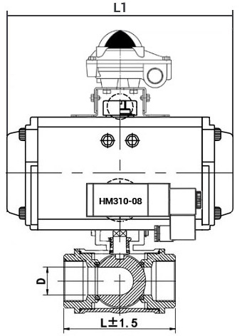 Кран шаровой нержавеющий 3-ходовой L-тип стандартнопроходной DN.ru RP.SS316.200.MM.032-ISO Ду32 Ру63 SS316 муфтовый, пневмоприводом DA-052, пневмораспределителем 4M310-08 220В и блоком концевых выключателей APL-210N