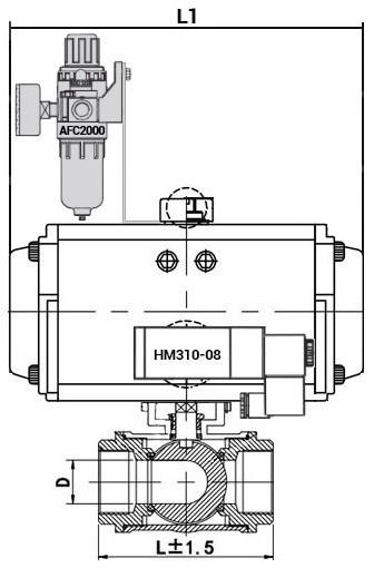 Кран шаровой нержавеющий 3-ходовой T-тип стандартнопроходной DN.ru RP.SS316.200.MM.080-ISO Ду80 Ру63 SS316 муфтовый с ISO c пневмоприводом DN.ru SA-105 c пневмораспределителем DN.ru 4M310-08 220 В и БПВ AFC2000
