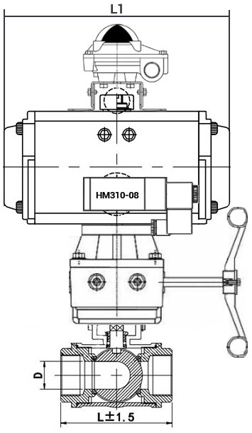Кран шаровой нержавеющий 3-ходовой L-тип стандартнопроходной DN.ru RP.SS316.200.MM.100-ISO Ду100 Ру63 SS316 муфтовый, пневмоприводом DA-083, пневмораспределителем 4M310-08 24В, БКВ APL-210N и ручным дублером HDM-2