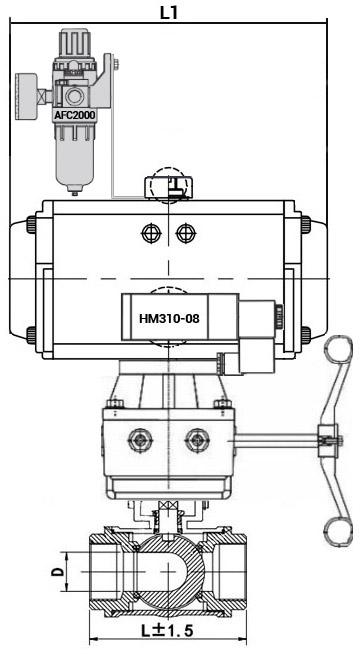 Кран шаровой нержавеющий 3-ходовой T-тип стандартнопроходной DN.ru RP.SS316.200.MM.020-ISO Ду20 Ру63 SS316 муфтовый с ISO фланцем, пневмоприводом DA-052, пневмораспределителем 4M310-08 24 В, ручным дублером HDM-1 и БПВ AFC2000