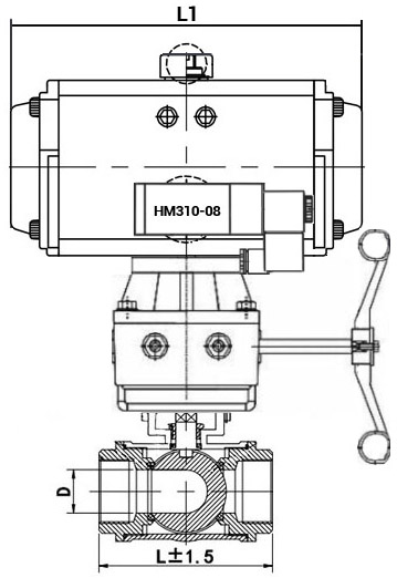 Кран шаровой нержавеющий 3-ходовой T-тип стандартнопроходной DN.ru RP.SS316.200.MM.032-ISO Ду32 Ру63 SS316 муфтовый, пневмоприводом DA-065, пневмораспределителем 4M310-08 24В и ручным дублером HDM-1