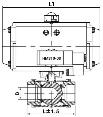 Кран шаровой нержавеющий 3-ходовой L-тип стандартнопроходной DN.ru RP.SS316.200.MM.032-ISO Ду32 Ру63 SS316 муфтовый c пневмоприводом DN.ru SA-065 c пневмораспределителем DN.ru 4M310-08 24В