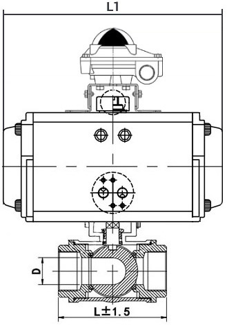Кран шаровой нержавеющий 3-ходовой T-тип стандартнопроходной DN.ru RP.SS316.200.MM.010-ISO Ду10 Ру63 SS316 муфтовый, пневмоприводом SA-052 и блоком концевых выключателей APL-410N EX