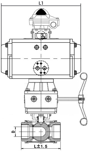 Кран шаровой нержавеющий 3-ходовой L-тип стандартнопроходной DN.ru RP.SS316.200.MM.020-ISO Ду20 Ру63 SS316 муфтовый, пневмоприводом DA-065, БКВ APL-210N и ручным дублером HDM-1