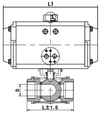 Кран шаровой нержавеющий 3-ходовой L-тип стандартнопроходной DN.ru RP.SS316.200.MM.100-ISO Ду100 Ру63 SS316 муфтовый c пневмоприводом DN.ru DA-083 двойного действия