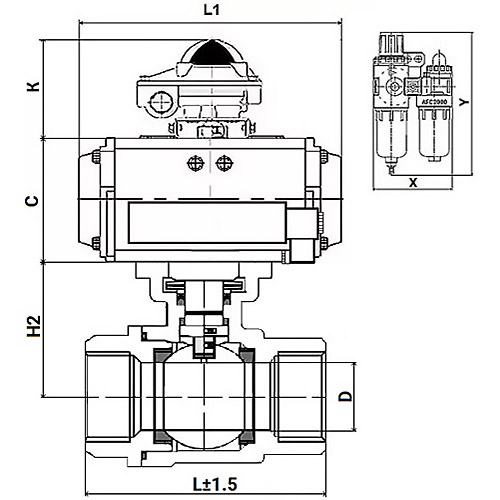 Кран шаровой DN.ru КШМП.316.230-ISO Ду80 Ру63 SS316 полнопроходной, нержавеющая сталь, резьбовой с пневмоприводом двойного действия DA-105, пневмораспределителем 4M310-08 24VDC, БКВ APL-210N и БПВ AFC2000