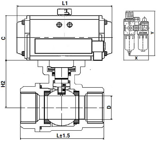 Кран шаровой DN.ru КШМП.316.230-ISO Ду80 Ру63 SS316 полнопроходной, нержавеющая сталь, резьбовой с пневмоприводом двойного действия DA-105, пневмораспределителем 4M310-08 24VDC и БПВ AFC2000