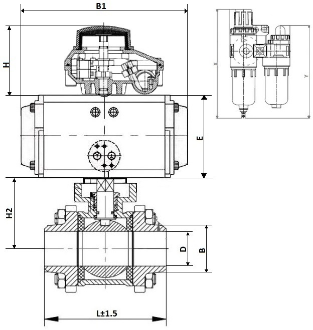 Кран шаровой DN.ru КШПП 316.200-ISO Ду20 Ру63 полнопроходной, нержавеющая сталь SS316, под приварку, с пневмоприводом DN.ru DA-052, пневмораспределителем 4V320-08 AC220V, БКВ APL-210N и БПВ AFC2000