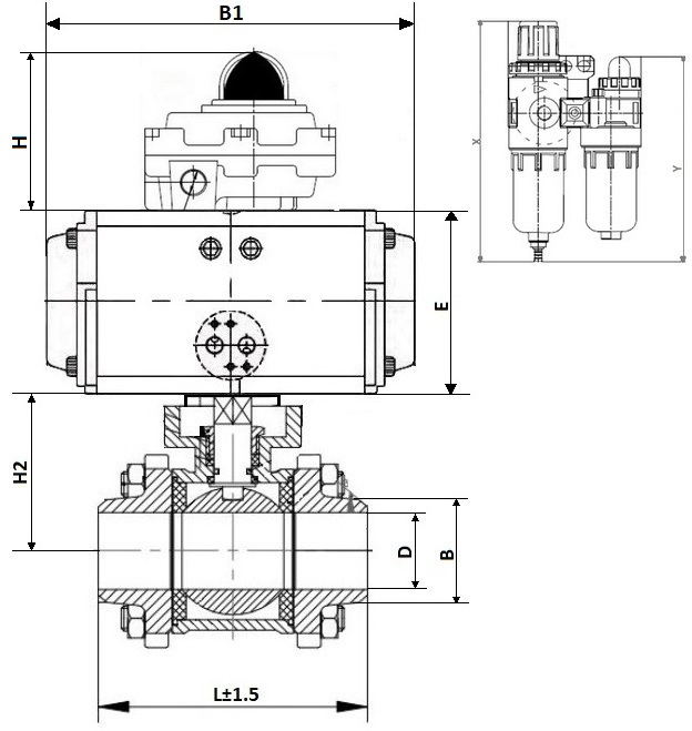Кран шаровой DN.ru КШПП 316.200-ISO Ду50 Ру63 полнопроходной, нержавеющая сталь SS316, под приварку, с пневмоприводом DN.ru SA-105, пневмораспределителем 4V320-10 AC220V, БКВ APL-410N EX и БПВ AFC2000