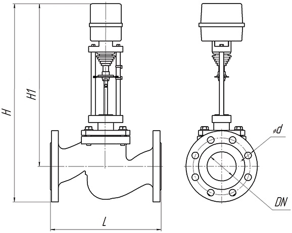 Клапан регулирующий двухходовой КПСР серии 100 Ду15 Ру16 Kvs1, серый чугун СЧ20, фланцевый, Tmax до 150°С с электроприводом  DAV 1500 - 220B