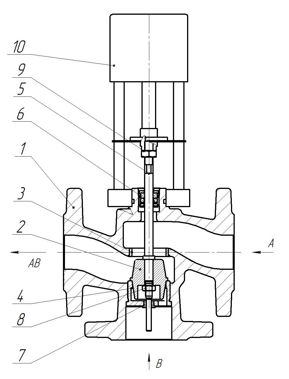 Клапан регулирующий трехходовой смесительный КССР серии 100 Ду15 Ру16 Kvs1 серый чугун СЧ20, фланцевый, Tmax до 150°С с электроприводом Катрабел TW-500-XD220