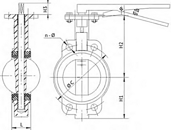 Эскиз Затворы дисковые поворотные DN.ru WBV3432P-2W-Fb-H Ду40-300 Ру16, корпус -сталь WCB, диск - сталь 316L, уплотнение - PTFE, с рукояткой