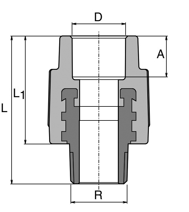 Муфты PP-R переходные комбинированные Ekoplastik Дн16х1/2″- 90х3″ Ру20 наружная резьба