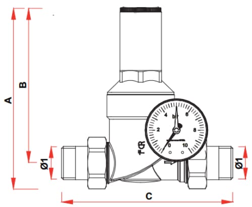 Регулятор давления FAR FA 2805 1 1/2″ Ду40 Ру25 с манометром, латунный, наружная/наружная резьба (редуктор)