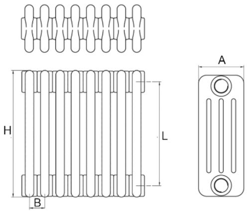 Радиаторы стальные трубчатые IRSAP Tesi 4 высота 500 мм, 15-22 секций, присоединение резьбовое - 1/2″, подключение - боковое T02, теплоотдача 1269-1861 Вт, цвет - черный
