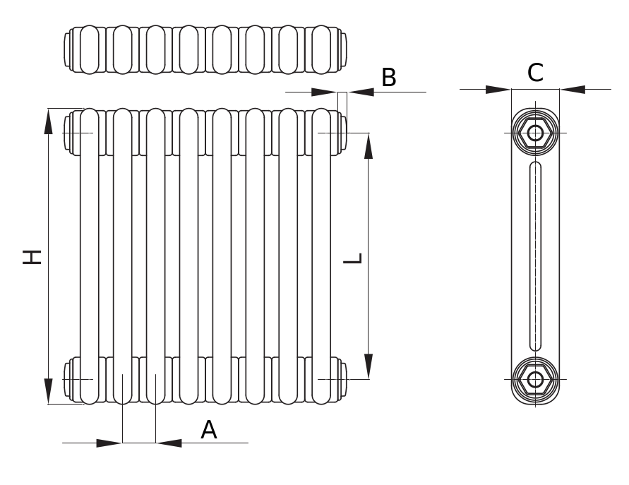 Радиатор стальной трубчатый IRSAP Tesi 2 высота 1800 мм, 12 секций, присоединение резьбовое – 1/2″, подключение - нижнее по центру Т52, со встроенным вентилем сверху, теплоотдача 1901 Вт, цвет – белый
