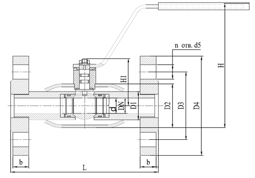 Кран шаровый КВО-АРМ серия 12 Ду125 Ру25 фланцевый цельносварной, полный проход, управление ручка-рычаг, корпус – углеродистая сталь