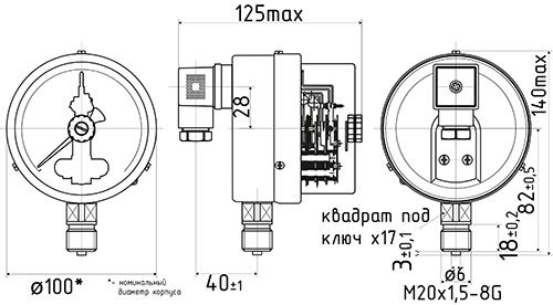 Манометр ФИЗТЕХ ДМ2010ф 0-10 МПа d.100 класс  точности  1,5, резьбовое соединение  М20х1.5, степень защиты корпуса IP40, электроконтактный, с сигнализирующим устройством тип V, радиальное присоединение