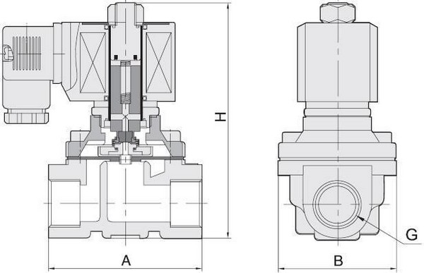Эскиз Клапан электромагнитный Smart SM-5563S 3/4″ Ду20 Ру10 муфтовый, нормально закрытый, корпус - нержавеющая сталь, мембрана - FKM, катушка 220В