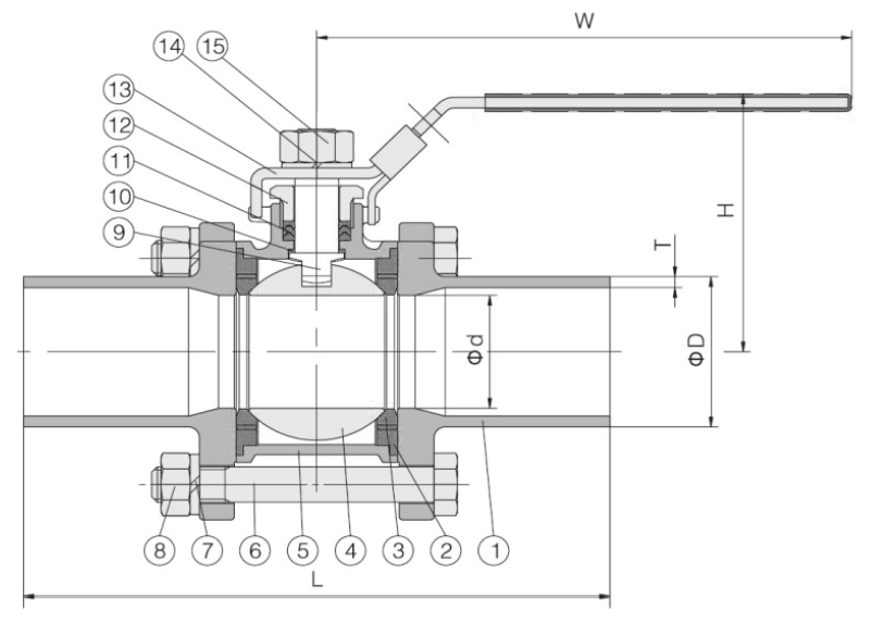 Кран шаровой NewKey NK-BE/6 1 1/2″ Ду40 Ру40 полнопроходной, трехсоставной, под приварку, корпус – нержавеющая сталь AISI316 (CF8M)