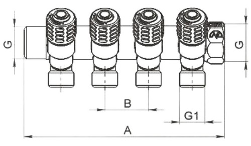 Коллектор Пензапромарматура 3/4″ Ду20 Ру10 4 отвода 1/2″ Ду15 ВР/НР, с регулирующими клапанами
