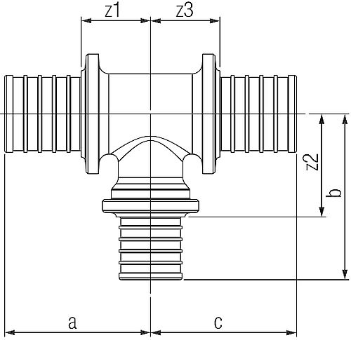 Тройник Rehau SDR 7.4 Дн63x40x63 Ру10 для труб из сшитого полиэтилена RAUPEX и RAUTHERM с уменьшенным боковым проходом, присоединение – аксиальное, корпус – латунь